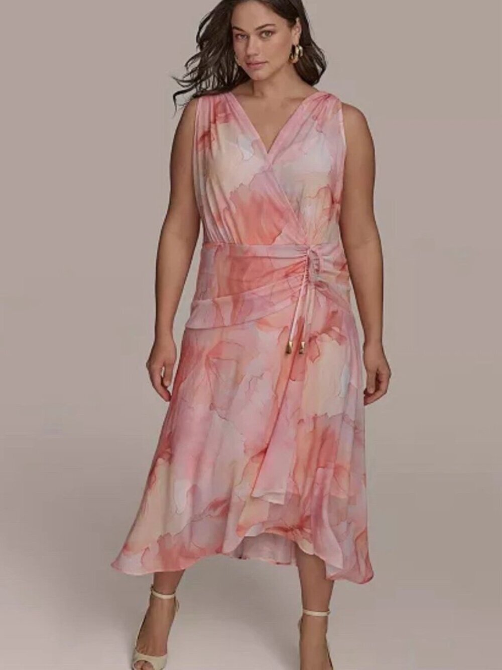 Donna Karen A-Line Dress Women's Plus Size 24W Pink Coral Floral Wedding Guest